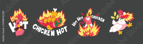 Hot Spicy Chicken with Fire as Grill and Roast Sticker Vector Set