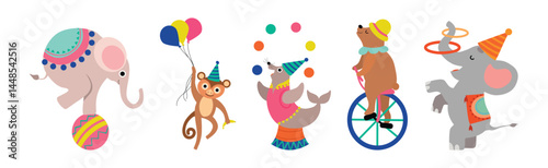 Cute Circus Animal Characters Tame Artist Performing Trick Vector Set