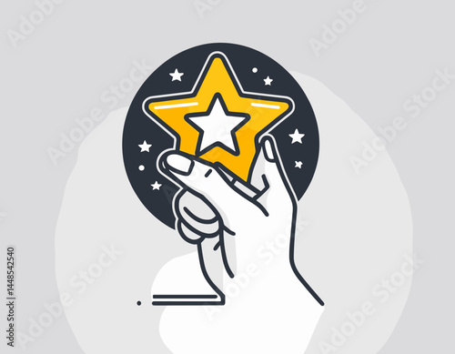 Grade quality, get reward, excellent result outline icon. Line sign human hand holding-hugging shining star symbol. Vector isolated pictograms for web on white background editable stroke.