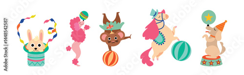 Cute Circus Animal Characters Tame Artist Performing Trick Vector Set