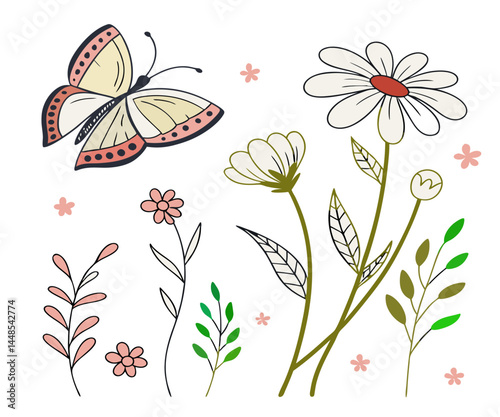 Vector set of minimalist design elements, flowers, doodles, scribbles - abstract background elements for branding, packaging, prints and social media posts