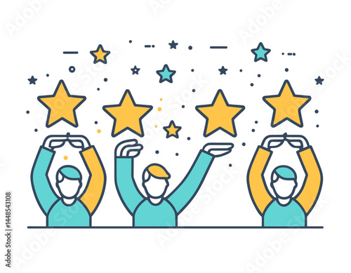 Outline icon talent acquisition, employee award, customer satisfaction, success. Line sign three stars above man with his hands raised. Vector isolated pictograms on white background editable stroke.