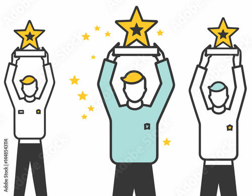 Outline icon talent acquisition, employee award, customer satisfaction, success. Line sign three stars above man with his hands raised. Vector isolated pictograms on white background editable stroke.