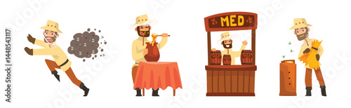 Man Beekeeper Harvest Honey from Bees Vector Set