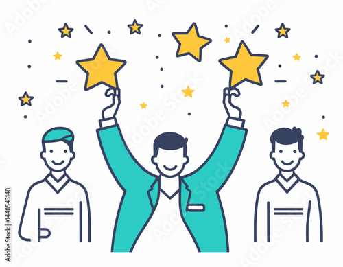 Outline icon talent acquisition, employee award, customer satisfaction, success. Line sign three stars above man with his hands raised. Vector isolated pictograms on white background editable stroke.