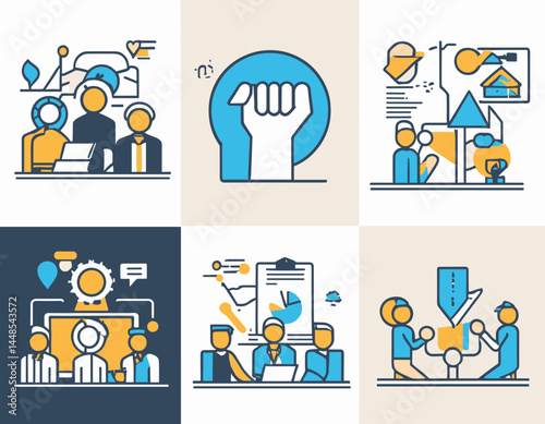 Workshop, business education, online learning icons pack. Such line signs as team building, coaching meeting, managing and motivation. Vector icons set for web and app in outline editable stroke.