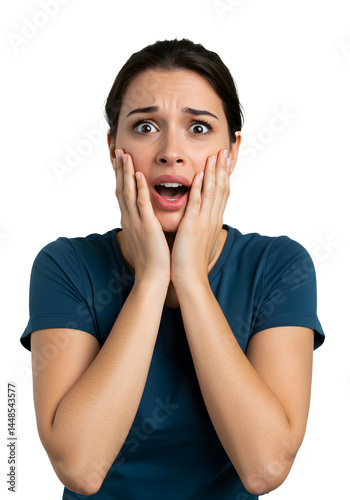 Frightened Young Woman with Hands on Face Isolated