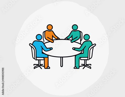 Meeting room, discussion, business conference, support group outline icon. Line sign group of three people sitting at table. Vector isolated pictograms on white background editable stroke.
