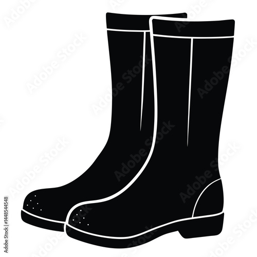 Black Rain Boots Vector Illustration Waterproof Footwear For Rainy Season Activities.