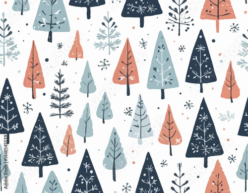 Set of hand drawn christmas trees with toys under the snow in Scandinavian style. Xmas isolated cozy decor elements. Template for print, wishing,design,leaflets, posters, business cards, web.Vector