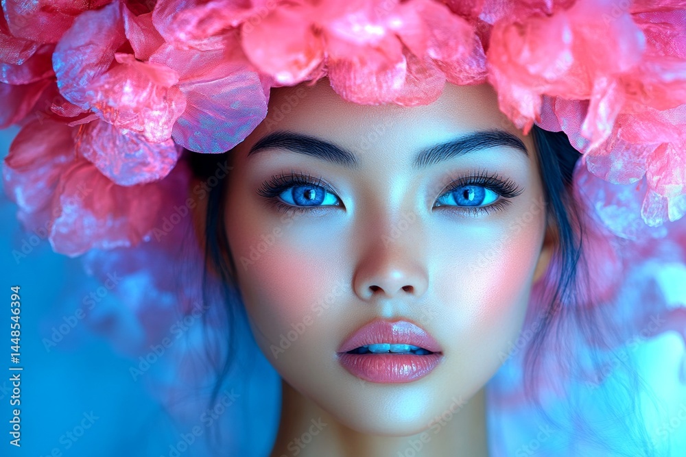Stunning asian young woman surrounded by cherry blossoms. Spring mood, dark night and warm mystic light - complementary lighting. Commercial marketing concept art. Bright woman in floral park.