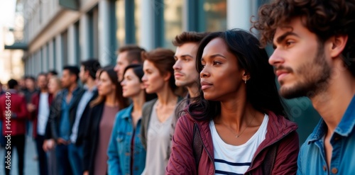 People stand in a queue outside a building, casual clothes, diverse group, urban background, neutral expressions, daylight.

