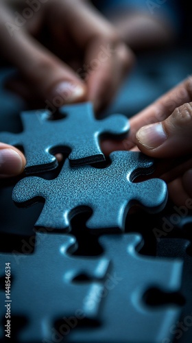 Hands connecting puzzle pieces, teamwork, collaboration, problem-solving, close-up