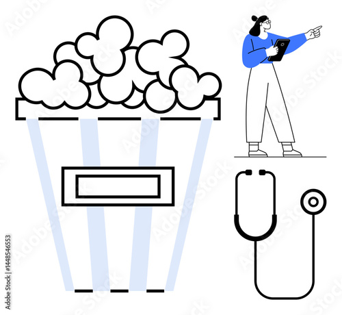 Healthcare worker pointing while holding clipboard, stethoscope symbolizing medical care, popcorn emphasizing leisure. Ideal for health, work-life balance, recreation, healthcare, lifestyle