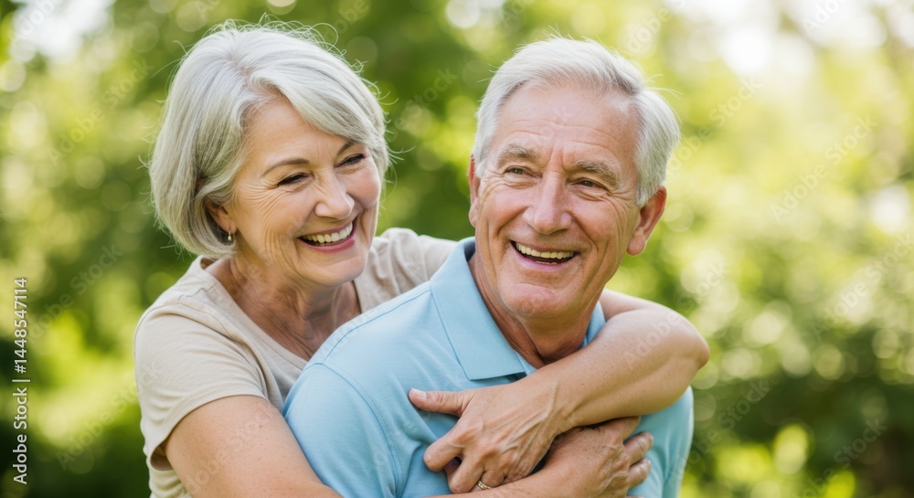 Smiling older couple embracing outdoors with a green background and happy expressions on their faces Smiling older couple embracing outdoors with a green background and happy expressions on their faces