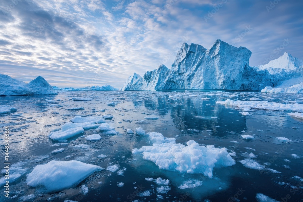 Fototapeta premium Massive icebergs and floating sea ice reflect in cold Arctic waters under a cloudy sky.