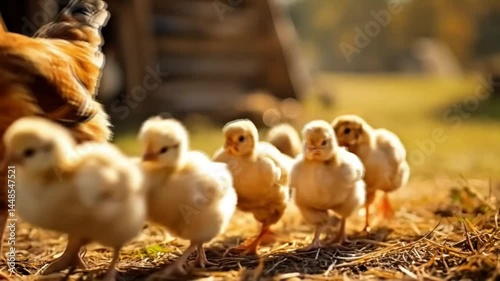 A mother hen stands in front of her chicks. Smooth repeating motion for background video animation.