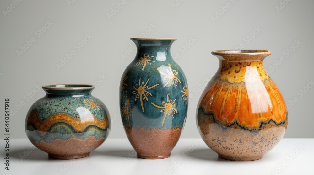 High key product photography of a set of handcrafted ceramic vases, intricate details, vibrant colors High key product photography of a set of handcrafted ceramic vases, intricate details, vibrant colors