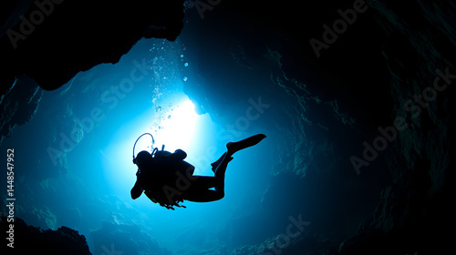 cave diving, diver underwater, dark cave, cavern landscape
