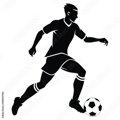 A dynamic black and white illustration of a soccer player dribbling the ball with speed and skill