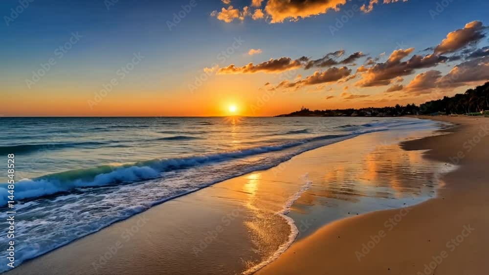 Colorful tropical beach sunset with smooth waves and golden clouds
Colorful tropical beach sunset with smooth waves and golden clouds