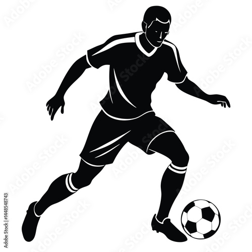 A dynamic black and white illustration of a soccer player dribbling the ball with speed and skill
