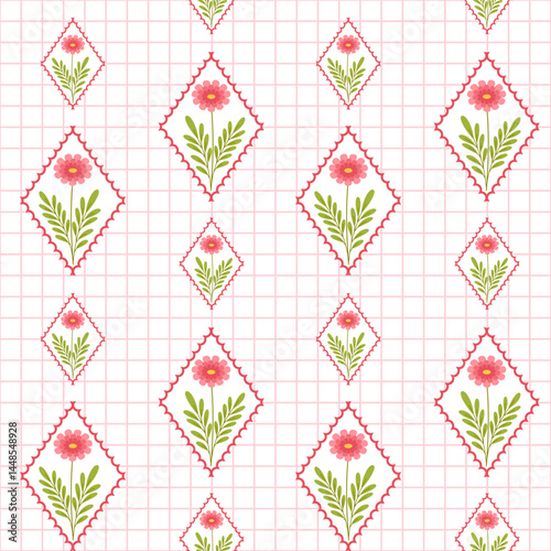 Vector seamless pattern with wild flowers in frames. Bright floral romantic meadow flowers in cottagecore garden style for manor and farmhouse background.