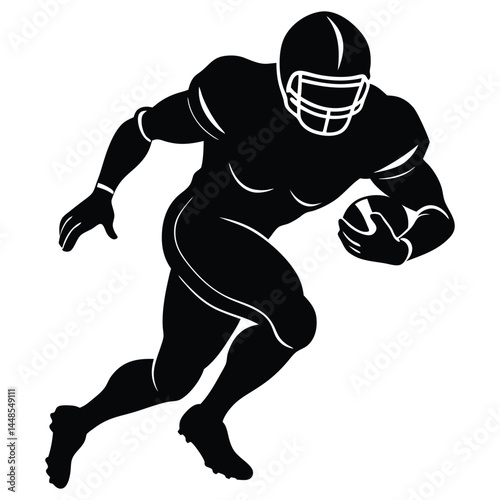 A dynamic black and white illustration of an American football player running with the ball, shown from the front, with a focus on their determined expression and powerful movement