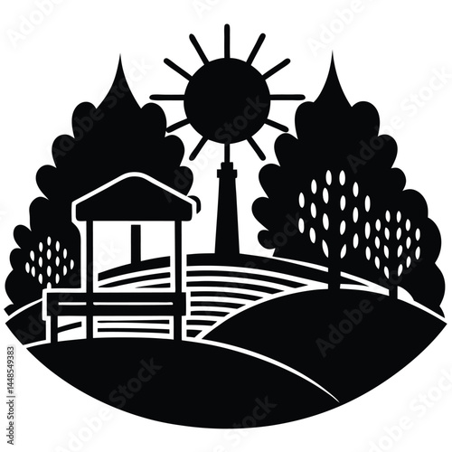Black And White Rustic Scene With Windmill,Gazebo And Trees Silhouette.