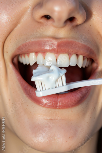 a woman is brushing her teeth with a toothbrush