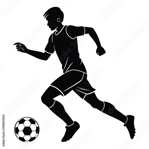 A dynamic black silhouette of a young soccer player running and kicking a soccer ball, capturing the energy and movement of the sport 