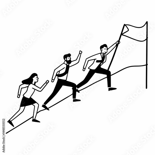 Continuous Line Art of a Group of Business Professionals Running Towards a Goal, Symbolizing Motivation, Achievement, and Collaborative Effort in a Competitive Market.