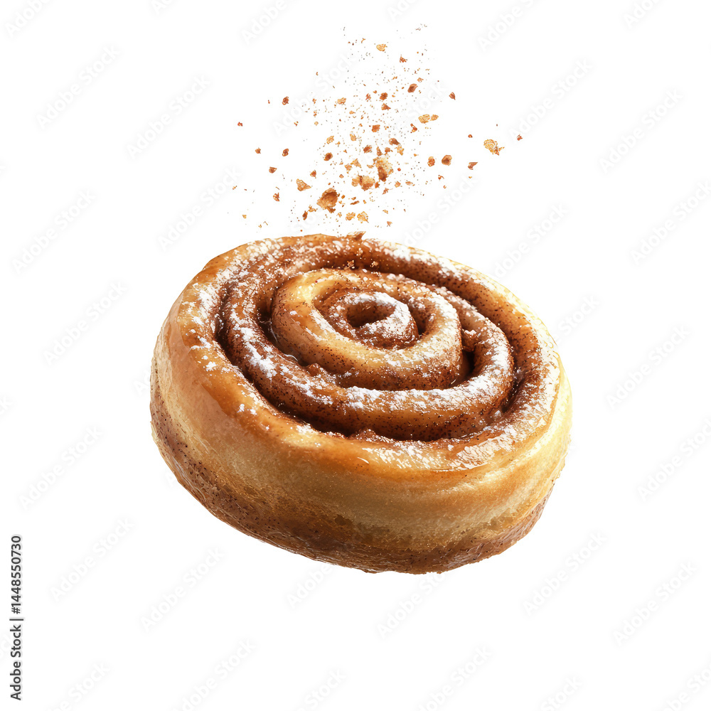 Single Cinnamon Roll Falling Through The isolated on a transparent background Single Cinnamon Roll Falling Through The isolated on a transparent background