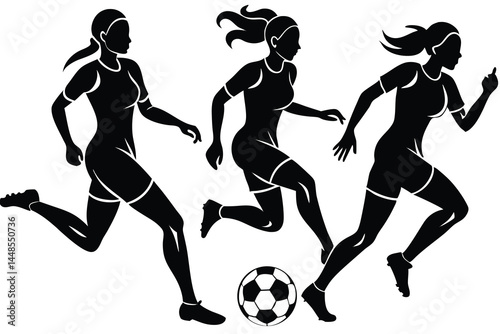 Three female soccer players silhouettes in action with a soccer ball vector.