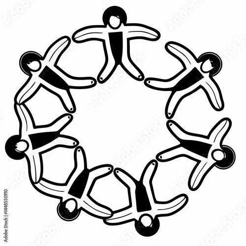 Abstract Line Drawing of Interconnected Human Figures Forming a Circle, Representing Unity, Collaboration, and Global Business Connections for International Corporations.