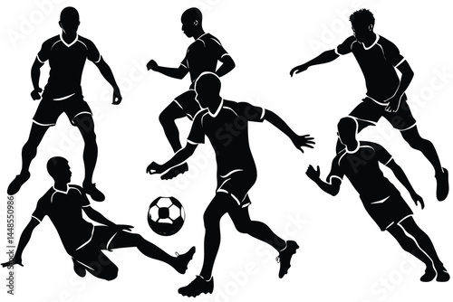 Soccer Players Silhouettes Vector Illustration, Action Poses, and Ball for Sports Design.