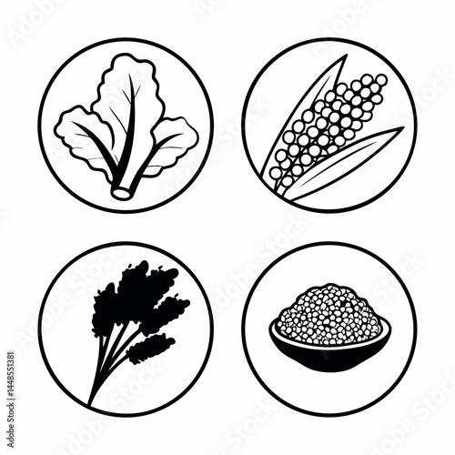 Set of Outline Icons Featuring Superfoods Like Quinoa, Kale, and Chia Seeds for Nutrition App Interfaces.