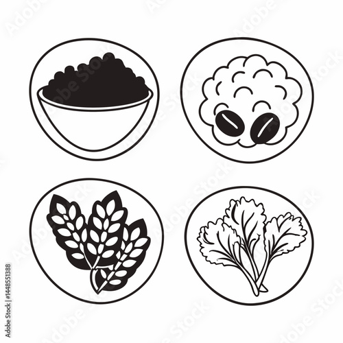 Set of Outline Icons Featuring Superfoods Like Quinoa, Kale, and Chia Seeds for Nutrition App Interfaces.