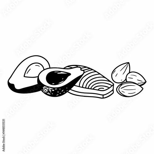 Minimalist Line Art of Avocado, Salmon, and Nuts for Keto Diet Guides and Wellness Blog Post Graphics.