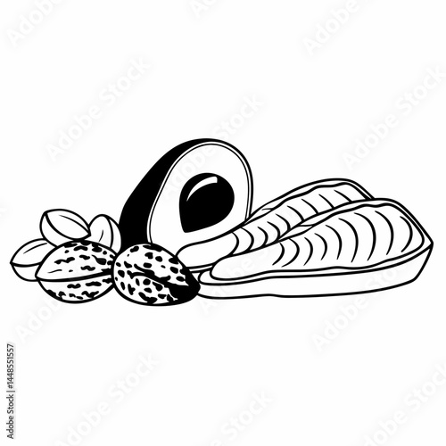 Minimalist Line Art of Avocado, Salmon, and Nuts for Keto Diet Guides and Wellness Blog Post Graphics.