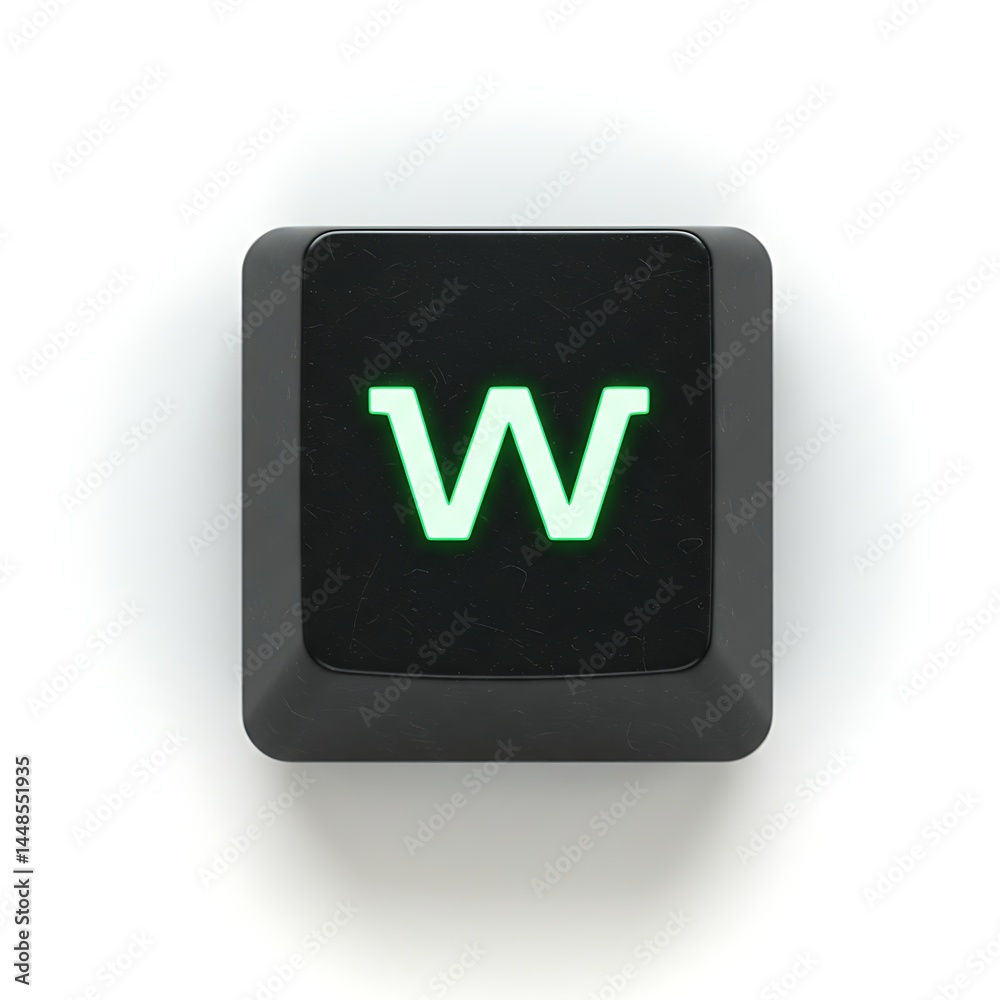 Close-up of a single worn black keyboard key with a glowing green W Close-up of a single worn black keyboard key with a glowing green W