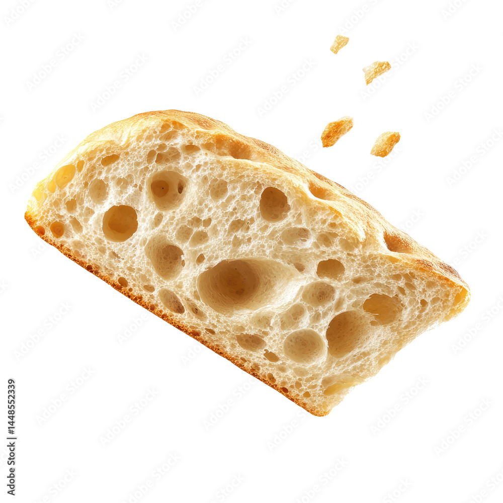 Focaccia Bread Piece Falling Through The isolated on a transparent background Focaccia Bread Piece Falling Through The isolated on a transparent background