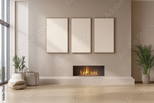 Living room with frames and fireplace on white background on transparent background