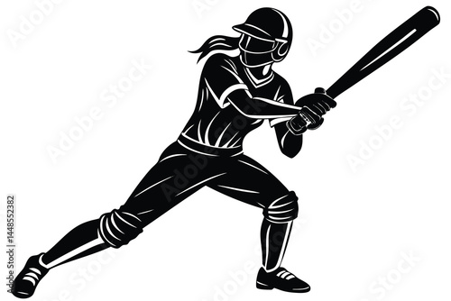 Silhouette of female softball player with bat ready to swing, black and white.
