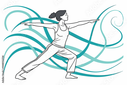 Vector illustration of woman practicing yoga, warrior pose with abstract lines.