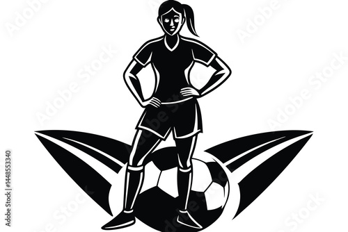 Female Soccer Player with Football, Monochrome Vector Illustration for Sports Graphics.