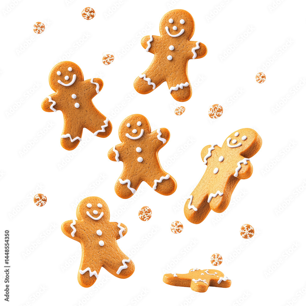 Gingerbread Cookies Falling Through The Air  isolated on a transparent backgroun