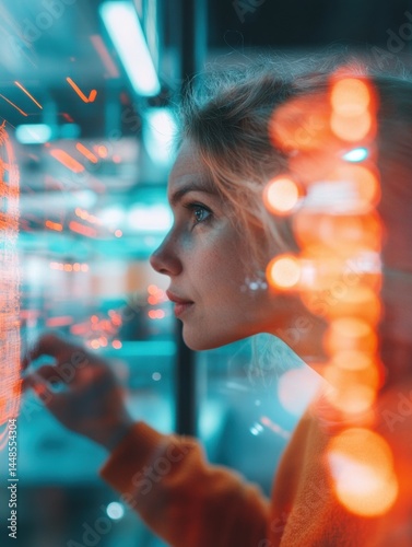 Futuristic Digital Interface Exploration Next-Gen Professional Interacting with Immersive AR Technology in Cyberpunk-Inspired Urban Innovation Landscape