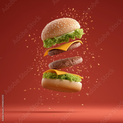 floating burger with layers separated on red background