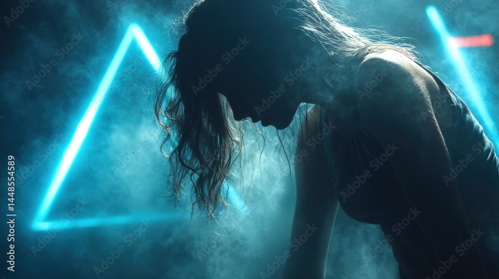 Naklejka premium Silhouette of a woman in a smoky environment with neon geometric shapes, conveying emotion